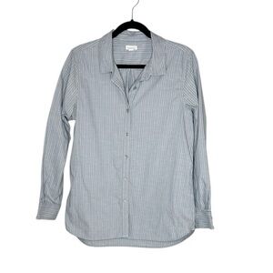Garnet Hill Cotton Vertical Stripe Gray Blue and White Button Down Shirt size 12